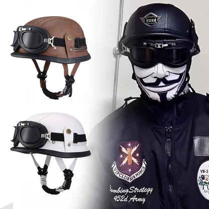 Factory Price Motorcycle German Style Leather Half Face Helmet DOT Approved Cap1/2 Shell Helmets+Goggles Open-Face Casque