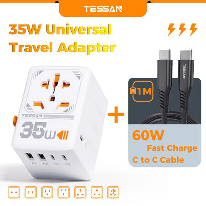 TESSAN 35W/65W/100W GaN Universal Travel Adapter with USB Ports Type C Fast Charging Power Adapter EU/UK/USA/AUS Plug for Travel