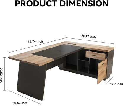 78.74" L-Shaped Executive Desk Large Office Desk w/Drawers & Storage Shelves Business Workstation for Home Office