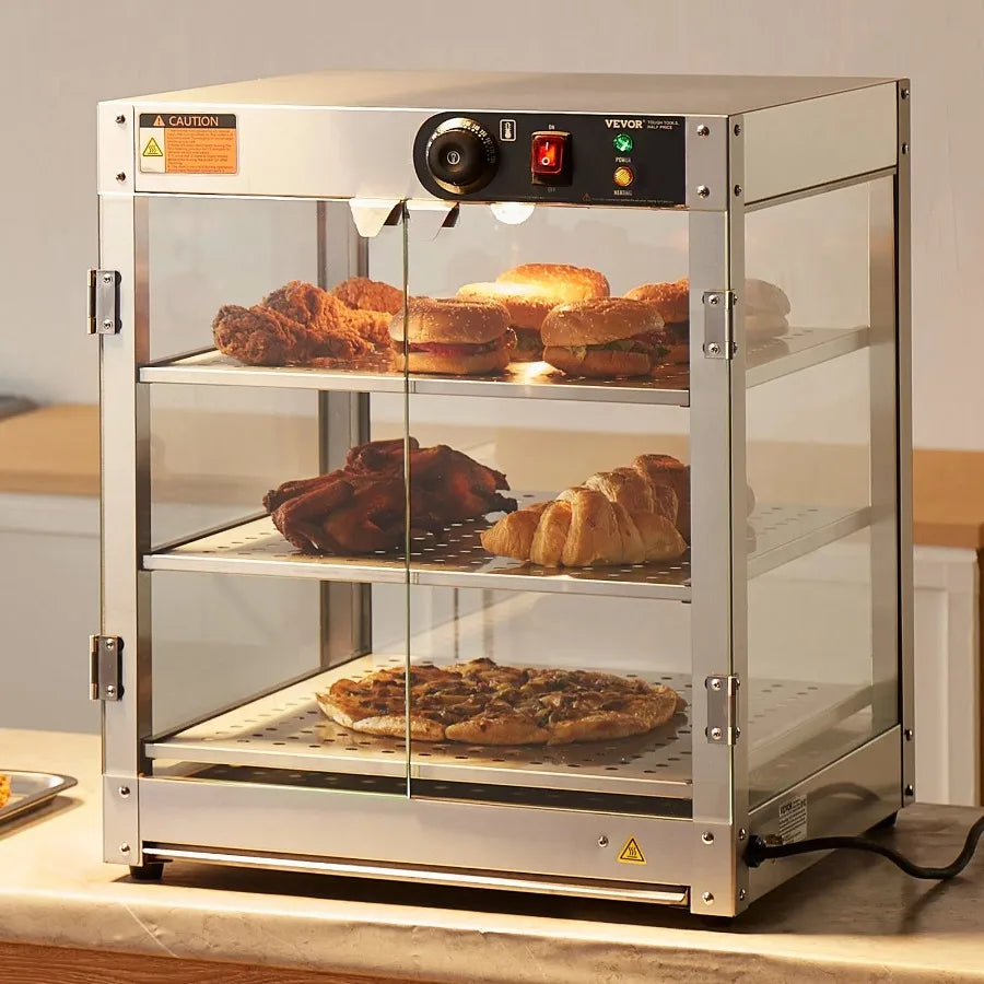 3Tier Commercial Food Warmer Display Countertop Pizza Cabinet with Light