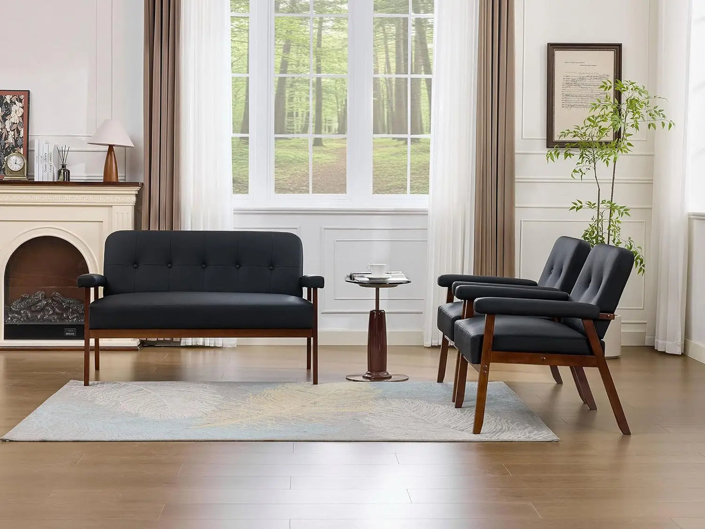 Black Leather Love seat Sofa and Accent Chairs, Mid-Century Modern Office Furniture LoveSeat Couch and Chair Set, Customized