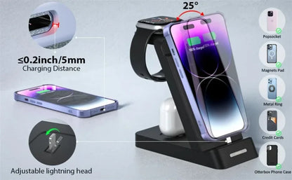 3 in 1 Wireless Charger Stand Fast Charging Station - for iPhone 17-12/X Apple Watch AirPods Samsung Galaxy S25/S23/S22 Charger