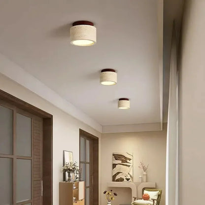 Yellow Travertine LED Ceiling Lamp Japanese Wooden Downlight round Wood Light for Living Room Corridor Porch Balcony