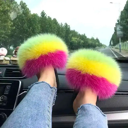 Fur Slippers Women Summer Fluffy Plush Casual Fluffy Flat Non-Slip Real Fox Fur Slides Outdoor Flat Ladies Sandals Flip Flops