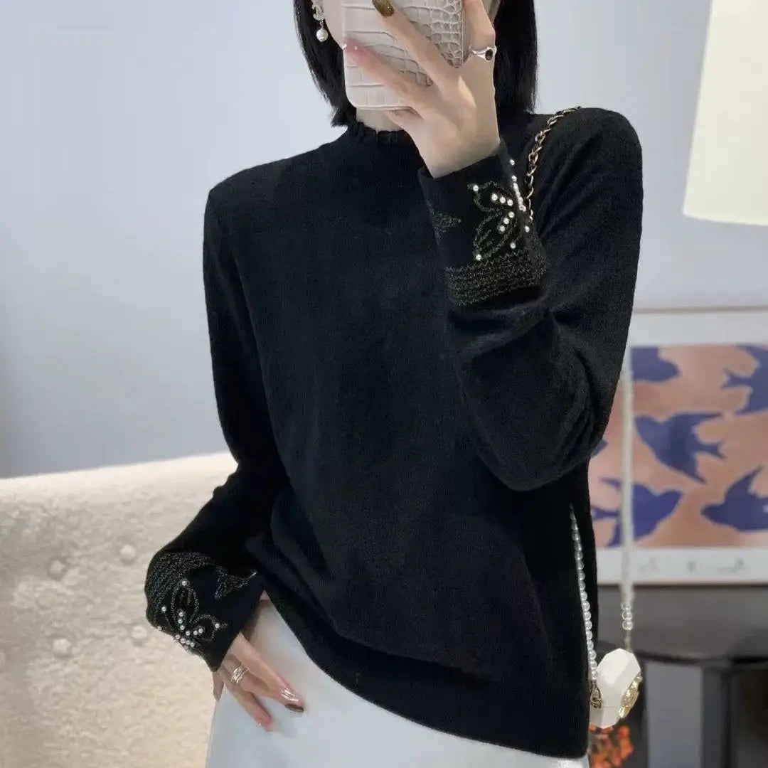 Women Clothes Autumn Winter Fashion Simplicity Lace Patchwork Knitting Half High Collar Female Solid Color Temperament Bottoming