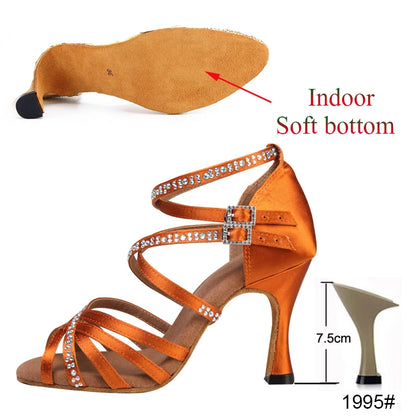New Latin Dance Shoes Salsa Tango Ballroom Party Women's Shoes High Heeled Rhinestones Bronze Blue Girls Summer Sandals Outdoor