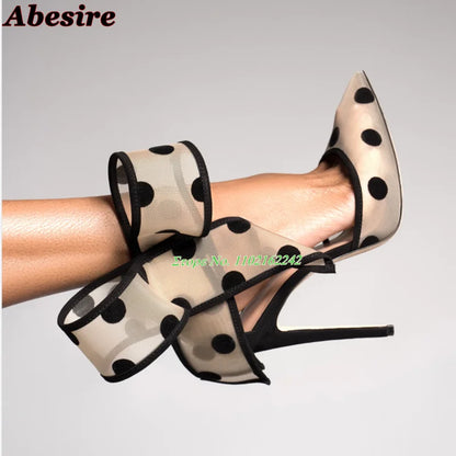 Spotted Breathable Mesh Pumps Big Bow Pointed Stiletto Buckle Strap High Heels Fashion Party Banquet Wedding Pumps For Women 47