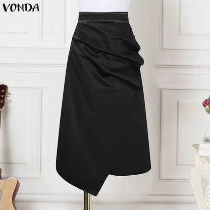 VONDA Plus Size 5XL Elegant Women Satin Skirts High Waist Button Pleated Asymmetrical Maxi Jupes Fashion Solid Long Faldas Saia