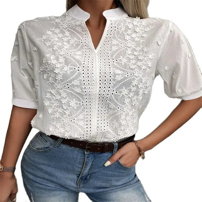 2026 Summer Women's Elegant Short Sleeve White Blouse - Vintage Cotton Crochet Hollow Out Embroidery Tops Fashion