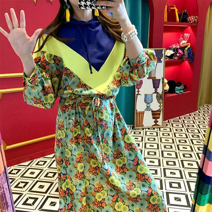 Chic Retro Floral Print Hooded Long Sweater Dr Women's High Waist Color Blo Waisand Casual Comfortable Autumn Dr
