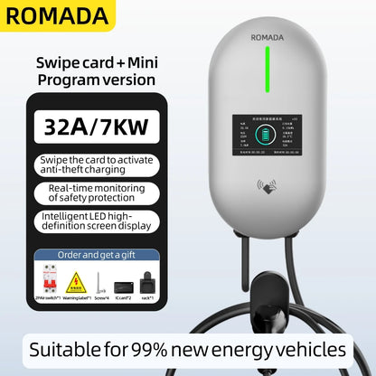 ROMADA EV Charging Station 32A Electric Vehicle Car Charger EVSE Wallbox Wallmount 7KW Type2 Cable IEC62196 Bluetoo APP Control