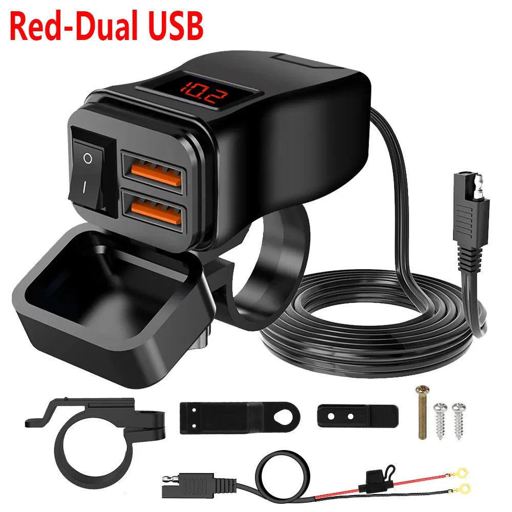 PD+QC3.0 Motorcycle USB Fast Charger 60W Handlebar Dual USB Socket with Switch Voltmeter Waterproof 12V Power Supply Adapter