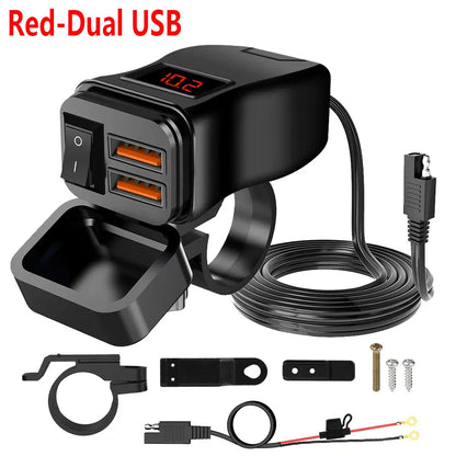PD+QC3.0 Motorcycle USB Fast Charger 60W Handlebar Dual USB Socket with Switch Voltmeter Waterproof 12V Power Supply Adapter