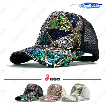 Summer Shiny Sequin Back Mesh Adjustable Cotton Baseball Cap Sun Hat