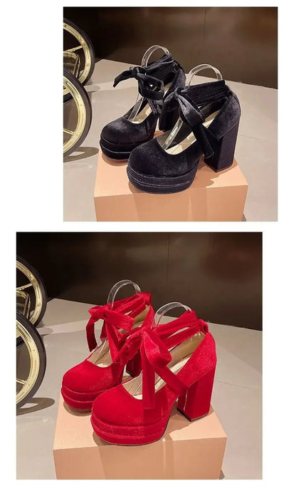 Platform Mary Janes Shoes Women Suede Luxury High Heel Lace Up Trend Lolita Shoes Elegant Chunky Party Pumps Zapatos De Mujer