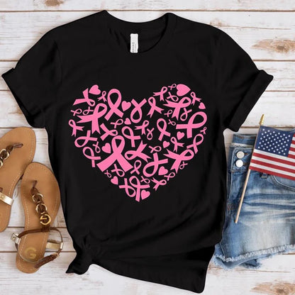 New Breast Cancer Awareness Heart Print T-Shirt Men Women Fashion Short Sleeve Casual Summer Tops Tees