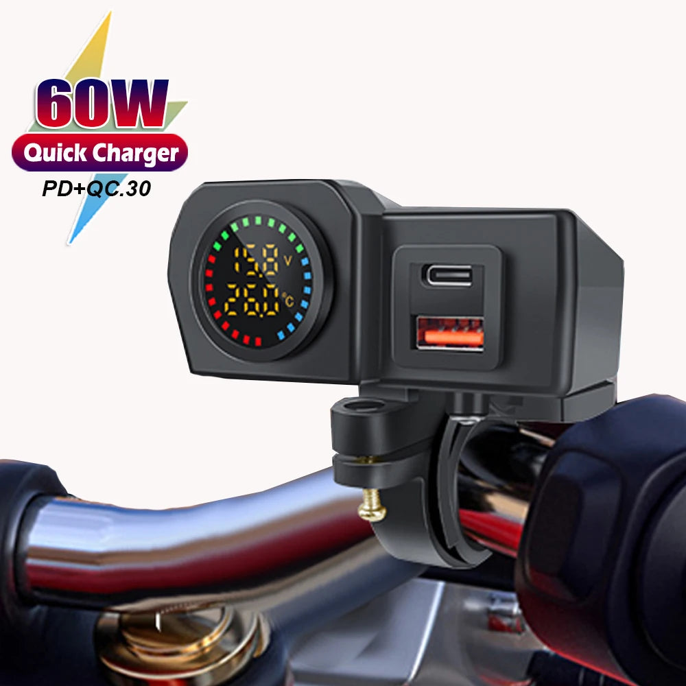 60W Dual USB Socket Motorcycle Handlebar & Rear Mirror Waterproof Fast Charger Phone Power Adapter Digital Voltmeter Thermometer