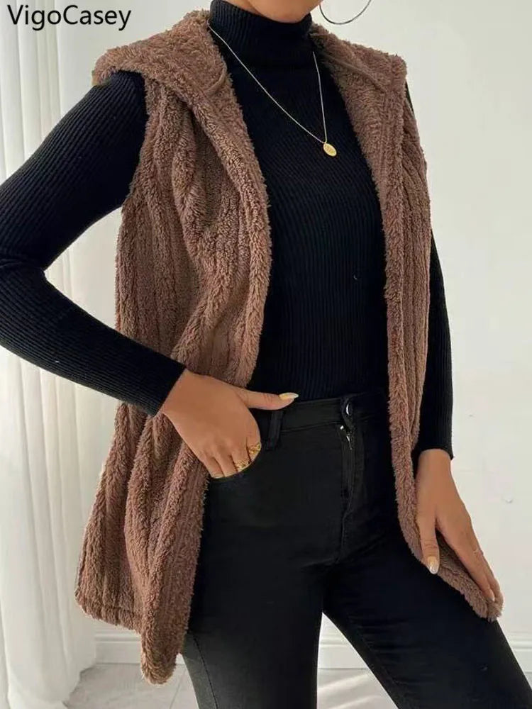 VigoCasey 2025 Autumn Winter Brown Long Thick Vest Coat Woman Sleeveless Plush Warm Waistcoat Lady Hooded Casual Vest Jacket