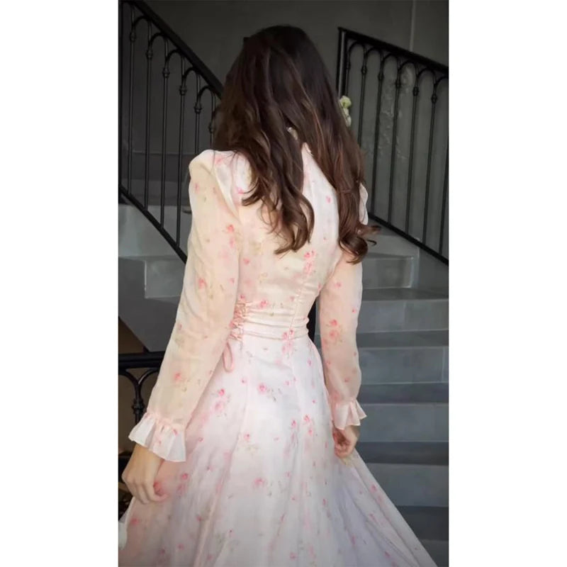 Pink Printed Women's Dress Fashion Wide Shoulder Straps And Pleated Hem Cinched Waist Vestido 2026 Lady Party Vacation Gowns