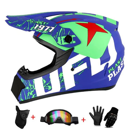 Motocross and Off-Road Helmet Set - Extreme Youth Challenge Full Helmet, Goggles, Gloves, and Protective Gear
