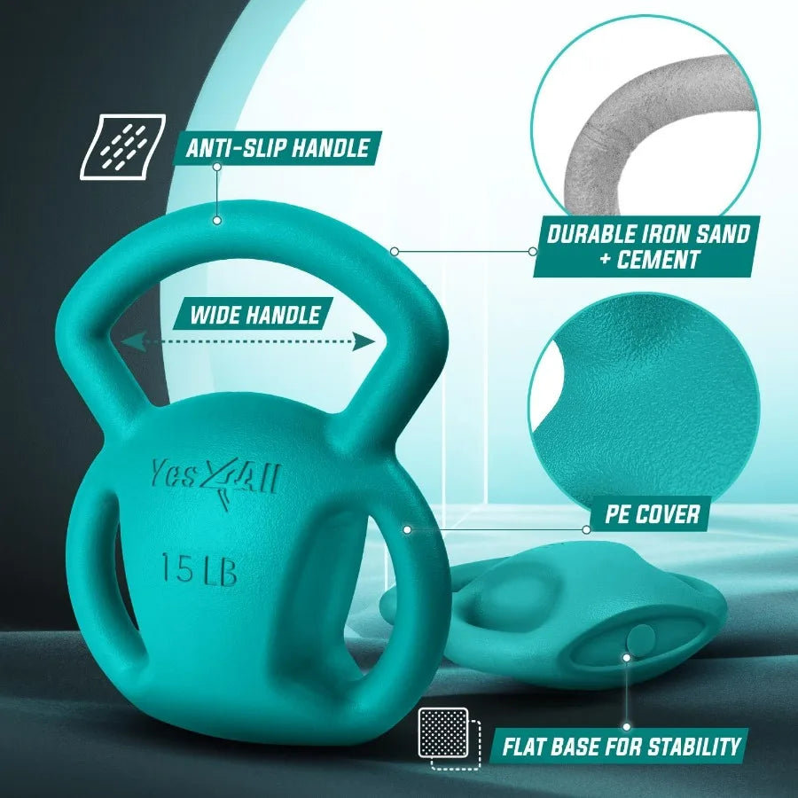 10LB Pink+15LB Green Kettlebell, Strength Training Kettlebells for Women, Wide Multi-grip Textured Handle for Home Gym Exercises