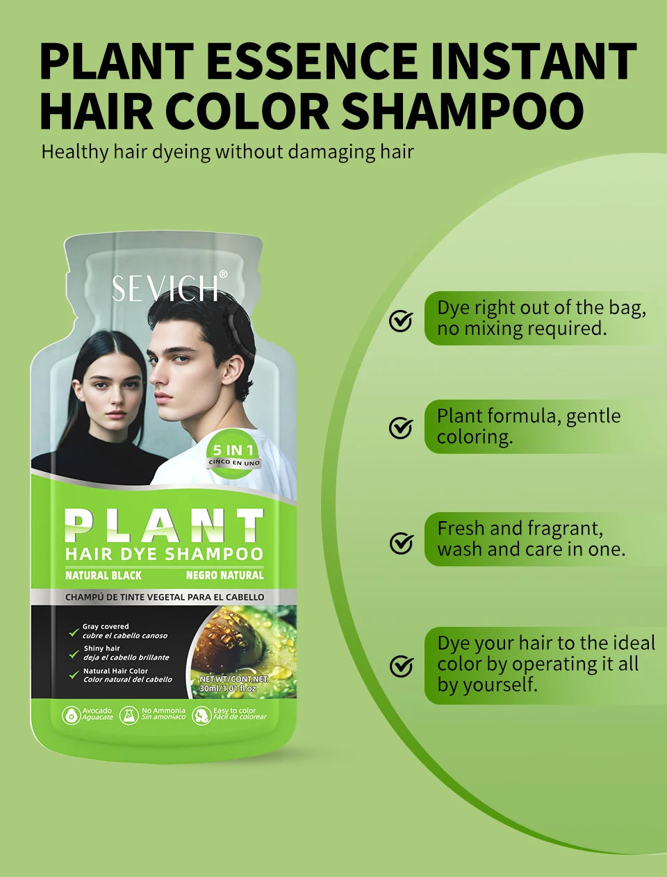 Pure Natural Herbal Black Hair Dye Shampoo for Women&Men 5 In 1 Bubble Plant Hair Color Shampoofor Gray Hair Non-irritating
