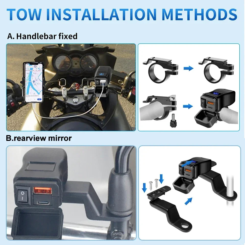 60W Motorcycle USB Fast Charger PD QC3.0 Power Supply Adapter Handlebar Dual USB Socket Waterproof with Switch Voltmeter