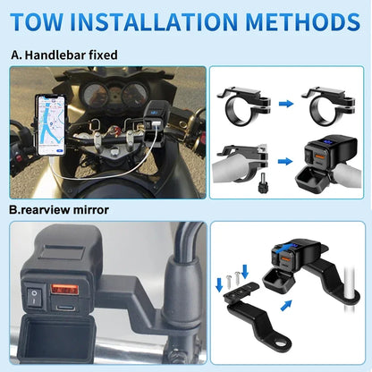 60W Motorcycle USB Fast Charger PD QC3.0 Power Supply Adapter Handlebar Dual USB Socket Waterproof with Switch Voltmeter