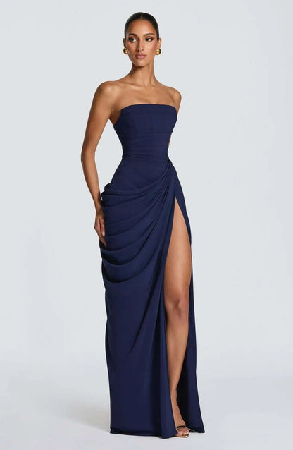 Elegant Yellow Strapless Pleated Dress Women Chic Sleeveless Waist Cinching Split Maxi Gowns 2026 Summer Lady Evening Party Robe