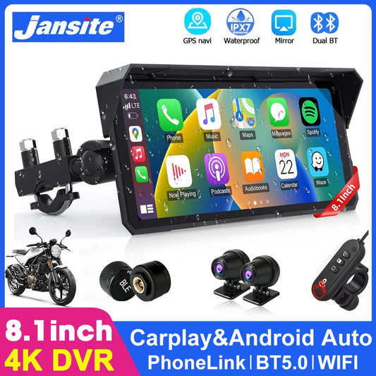 8.1 inch Motorcycle GPS Navigation Wireless Carplay Android Auto IPX7 Waterproof Display Drive Recorder Support 4K+1080P Dual BT