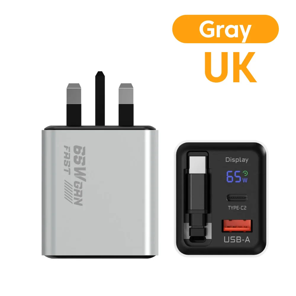 65W USB C GaN Charger Wall Charger Power Adapter Digital Display With Retractable Type C Cable For iPhone 17 16 Samsung Xiaomi