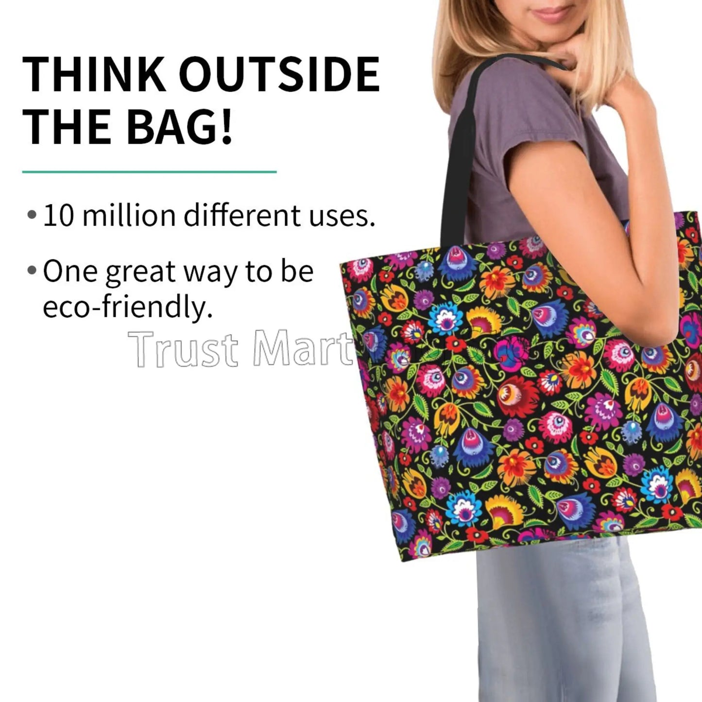 Mexican Ethnic Flowers Tote Bag Large Capacity Zipper Women Grocery Bags Purse Shopping Handbags Casual Travel Shoulder Bag
