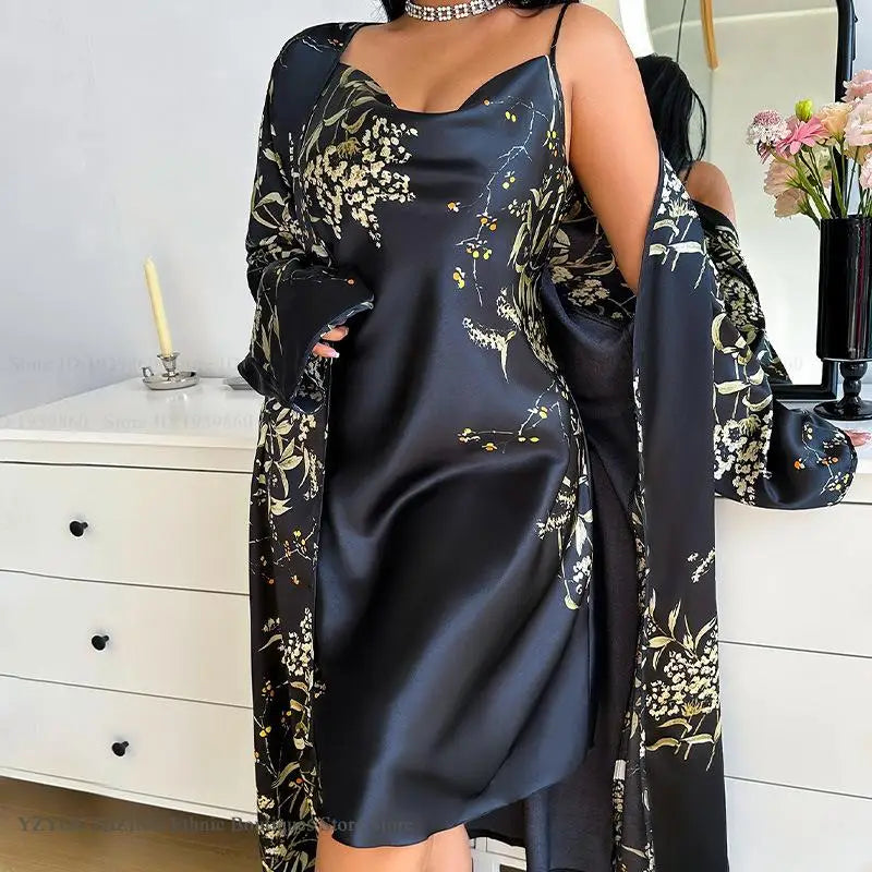 Summer New Women 2PCS Robe Set Nightgown Print Flower Kimono Bathrobe Gown Plus Size Silk Satin Sleepwear Loungewear Home Dress