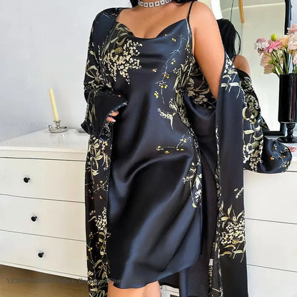 Summer New Women 2PCS Robe Set Nightgown Print Flower Kimono Bathrobe Gown Plus Size Silk Satin Sleepwear Loungewear Home Dress