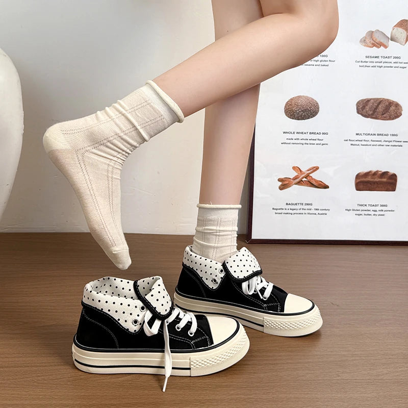 New High Help Canvas Shoes Dots Women's Casual Shoes Woman Vulcanize Sneakers Comfortable Sport Walking Platform Flats Shoes 015
