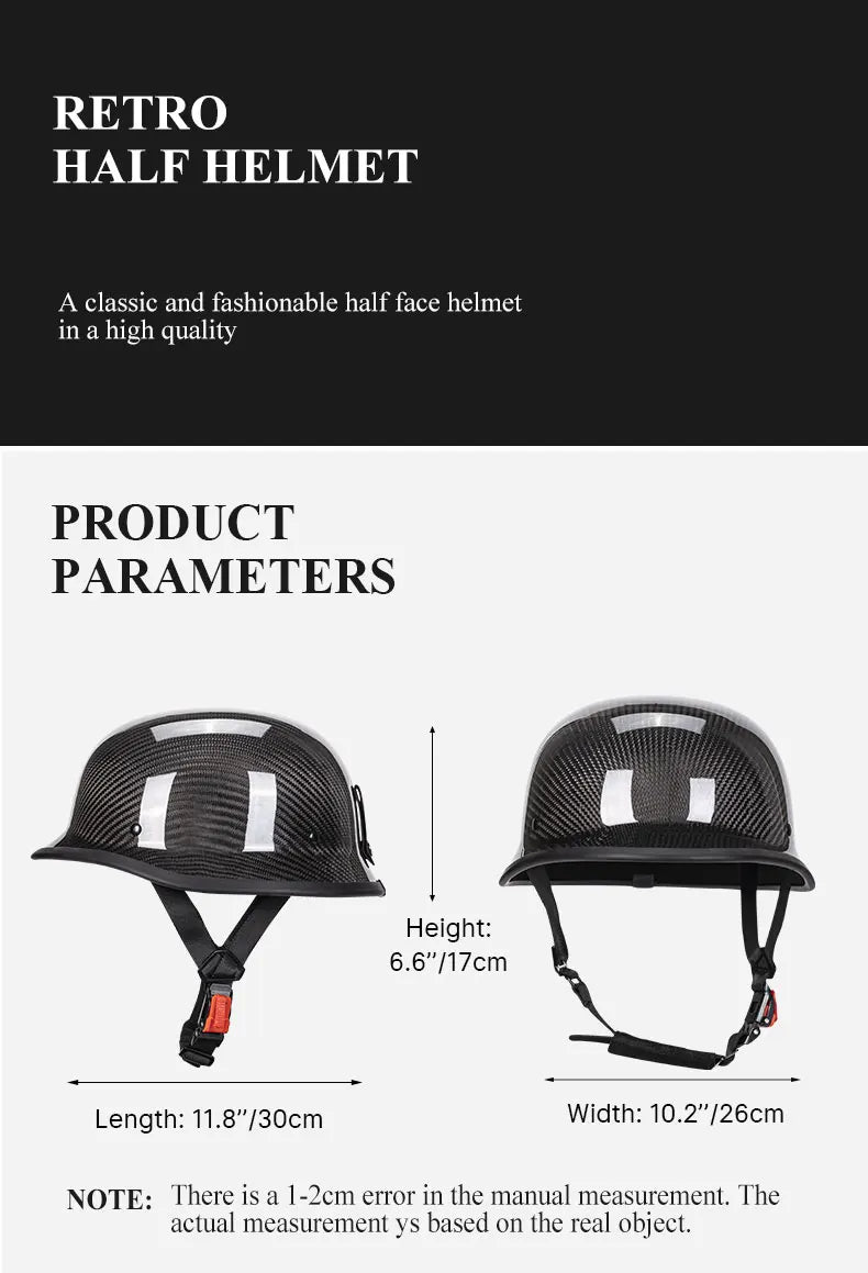 Bright Black Real 3K Carbon Fiber Helmet Retro Men's Motorcycle Helmet German Style Soldier Helmet Retro Cruiser DOT ECE
