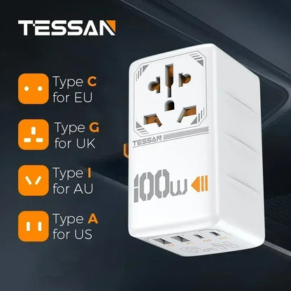 TESSAN 100W GaN Universal Travel Adapter with USB &Type C Fast Charging International Plug Adapter EU/UK/USA/AUS Plug for Travel
