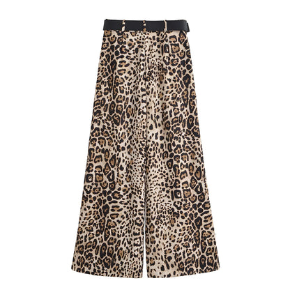 UNIZERA Leopard Satin with Belt High Waisted Trousers Wide Leg Pants Women's Clothing 2025 Summer New Arrivals Casual Pants