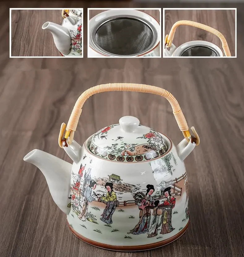 Household Porcelain Teapot Ceramic Large Capacity Pot Blue and White Retro Loop Handle Beam