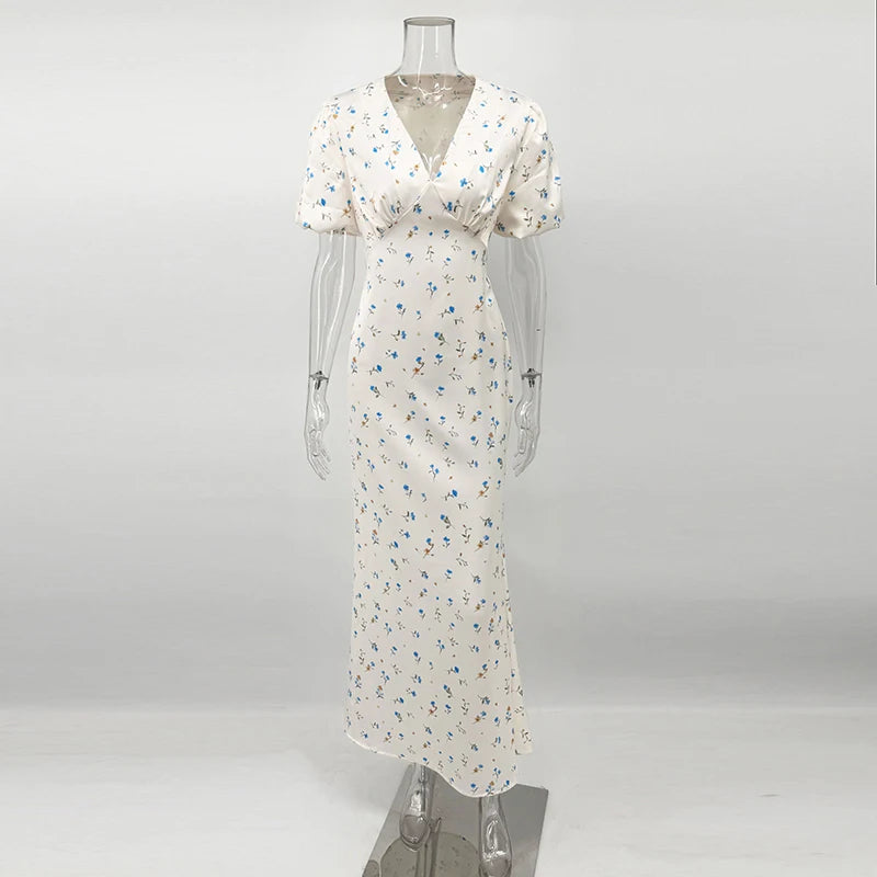 TARUXY Stylish Printed Maxi Dress Women Elegant Slim V-Neck Short-Sleeve Evening Dress Summer New Casual Commuter Female Dress
