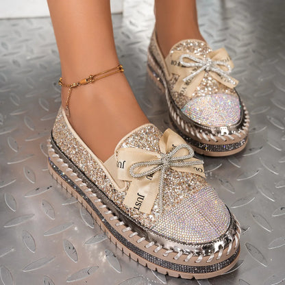 Women Sneakers 2025 New Luxury Crystals Bowknot Loafers Sequined Flat Platform Shoes Couple Fashion Plus Size Sneakers Women