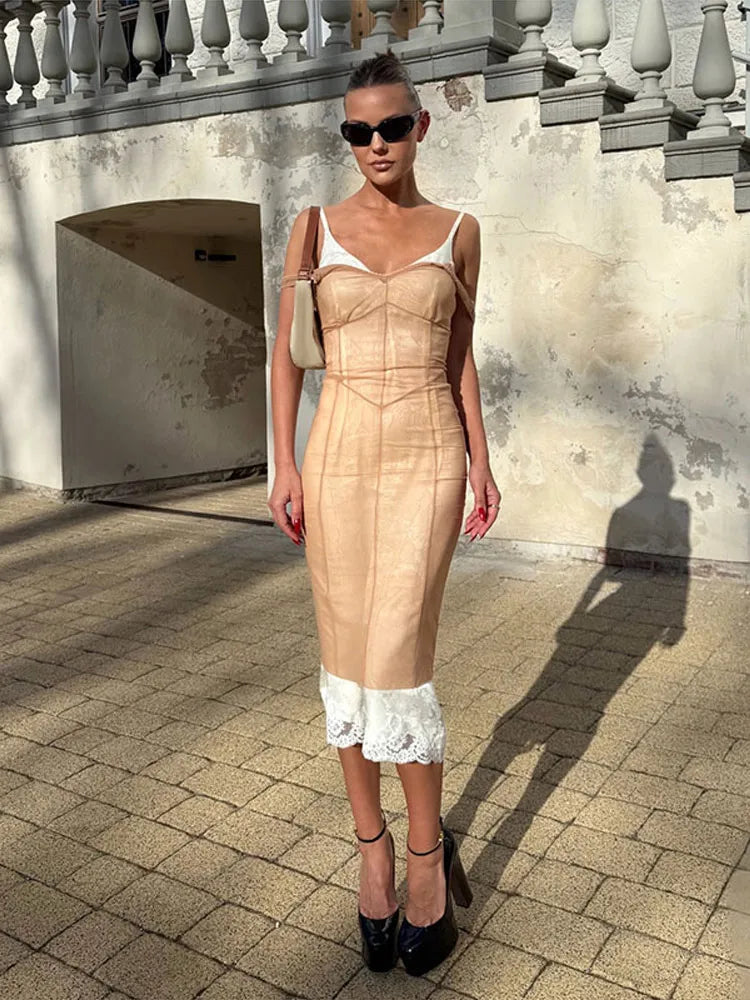 Sheer Mesh Overlay Lace Hem Slip Midi Dress Slim Spaghetti Strap 2026 Summer Elegant Women Bodycon Dress Trendy Date Lady Gown