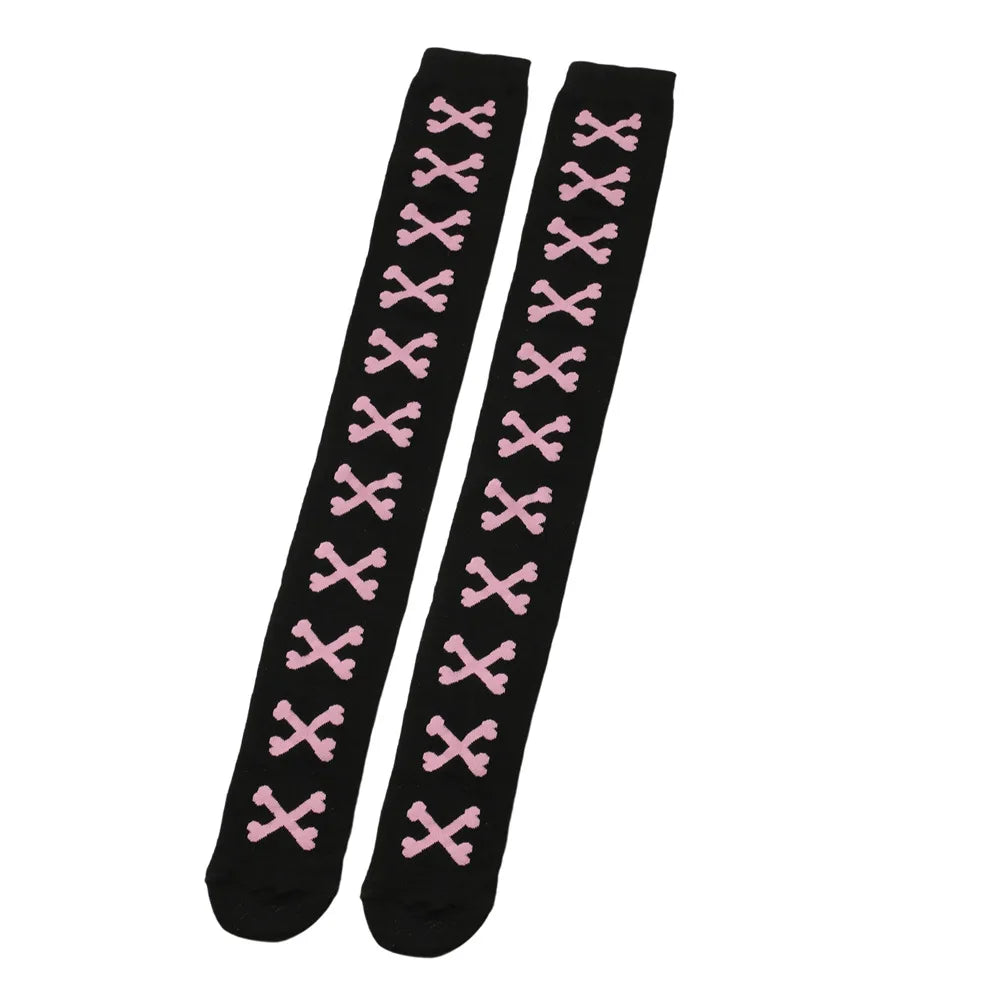 Womens Bone Thigh High Stockings Ladies Halloween Girls Black White Pink Long Over Above Knee Socks Tall Funny Cosplay Harajuku