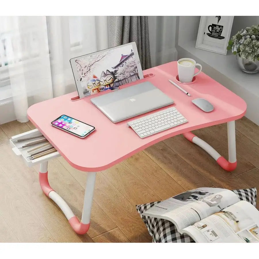 Bed Table, Foldable Laptop Desk Bed Tray with Storage Drawer, Lap Desk TV Tray for Breakfast Serving, Notebook Stand Reading Hol