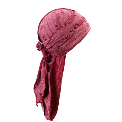 Men's Distressed Street Pirate Style Durag Head Wrap,Breathable Casual Streetwear Bandana with Double Long Tail Strap Pirate Hat