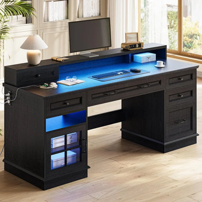 Administrative desk with drawers, computer desk with file drawers, power sockets, and LED lights, administrative desk