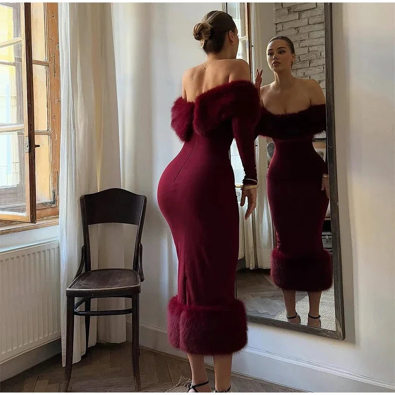 Faux Fur Patchwork Strapless Dress Women Sexy Off-shoulder Full Sleeve Cinched-waist Slim Long Gown Lady Christmas Party Dresses