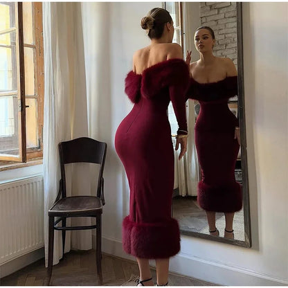 Faux Fur Patchwork Strapless Dress Women Sexy Off-shoulder Full Sleeve Cinched-waist Slim Long Gown Lady Christmas Party Dresses