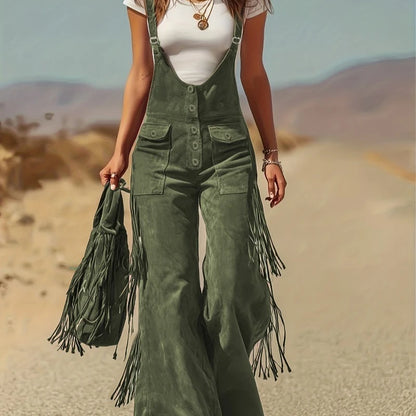 Spring Autumn New in Women's Personalized Retro Suede Tassel Wide Leg Pants Casual Loose Pocket Strap Work Pants Pants