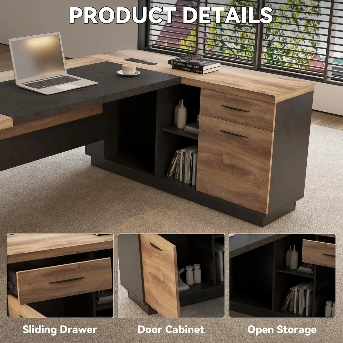 78.74" L-Shaped Executive Desk Large Office Desk w/Drawers & Storage Shelves Business Workstation for Home Office